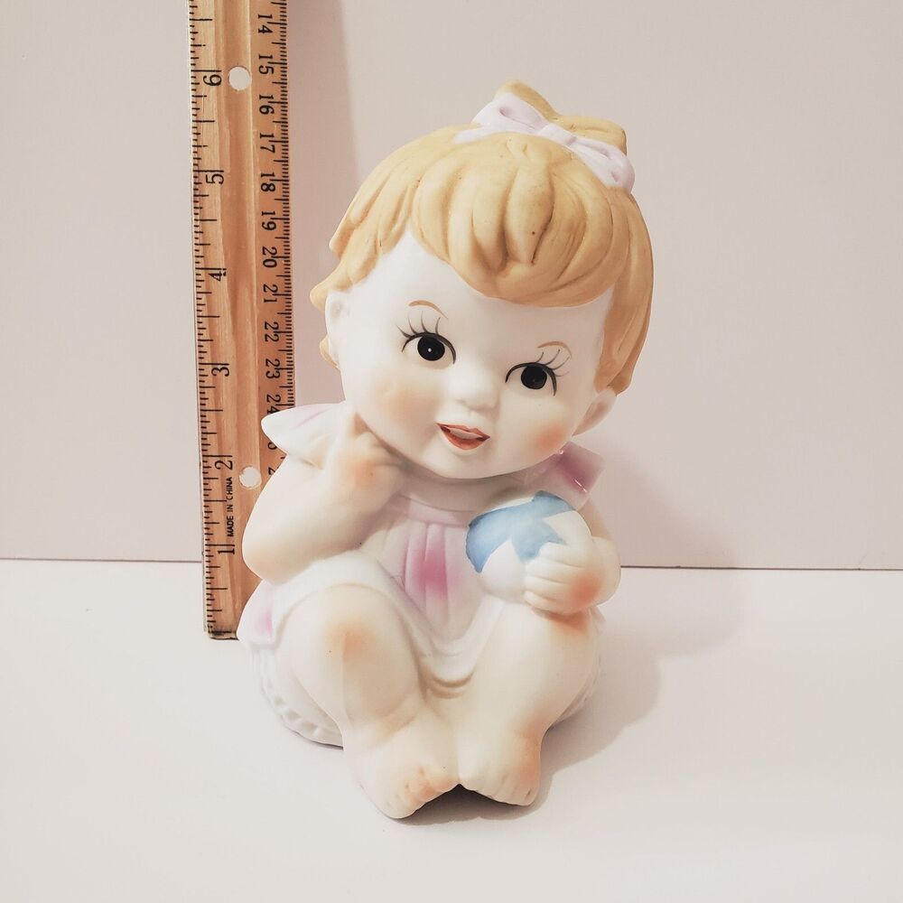 UCGC Baby Girl Figurine Sitting w Ball Porcelain Ceramic Matte Finish 6" Vintage